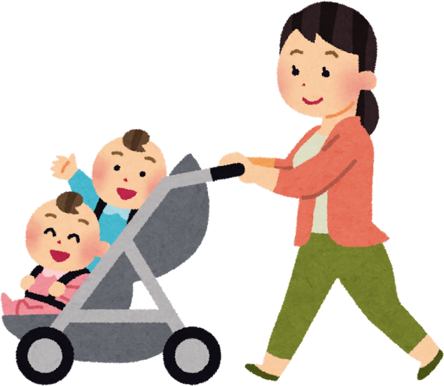 Illustration of Mother Pushing Twin Babies in a Double Stroller